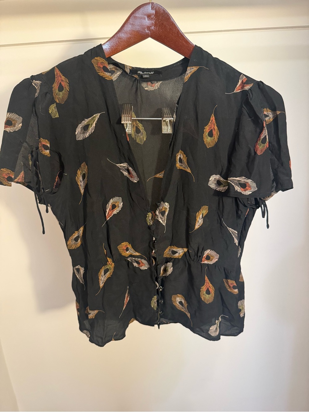 Madewell Black Blouse with Multicolor Feather Print